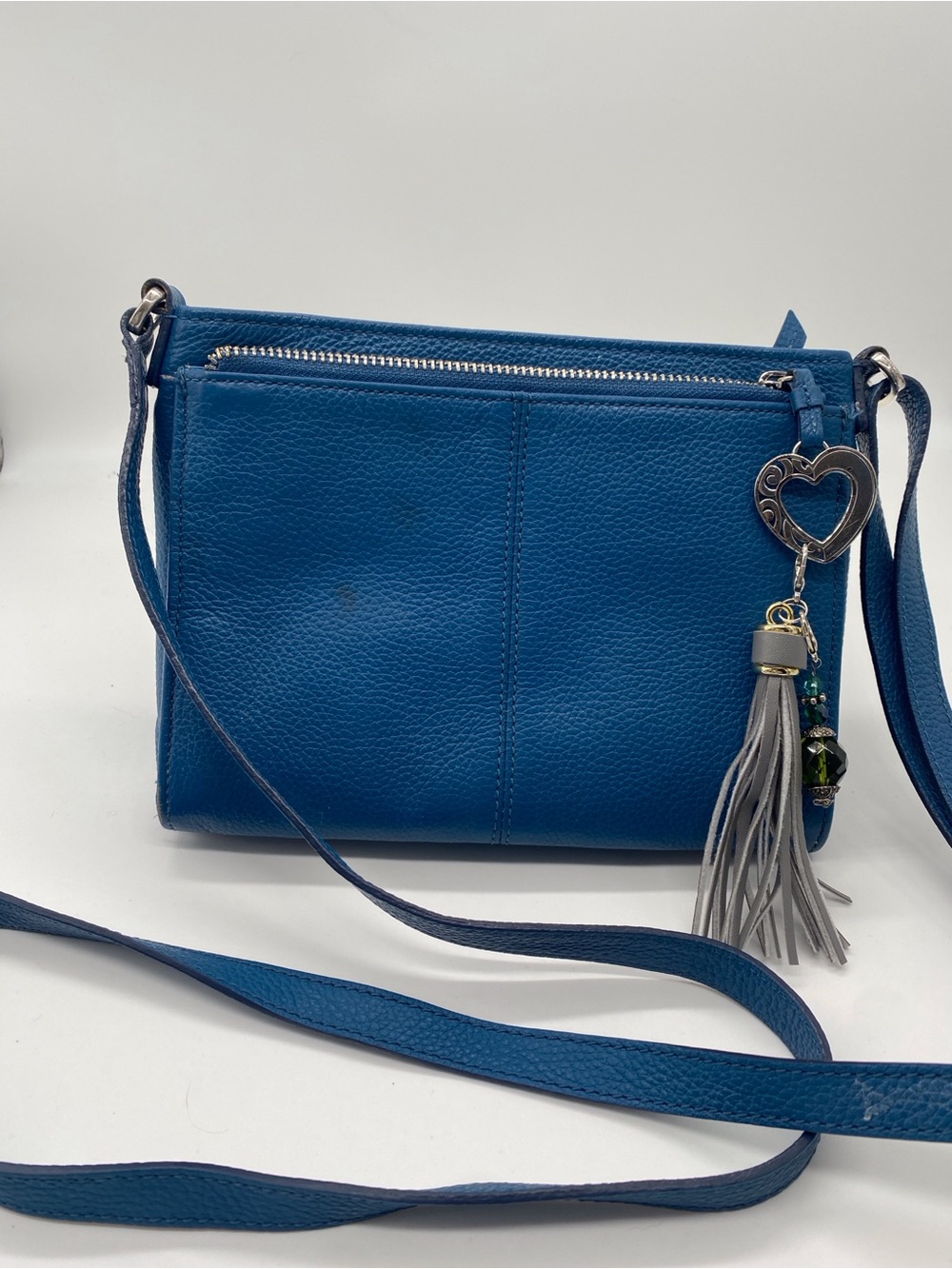 Blue Leather Crossbody Bag with Tassel and Heart Charm